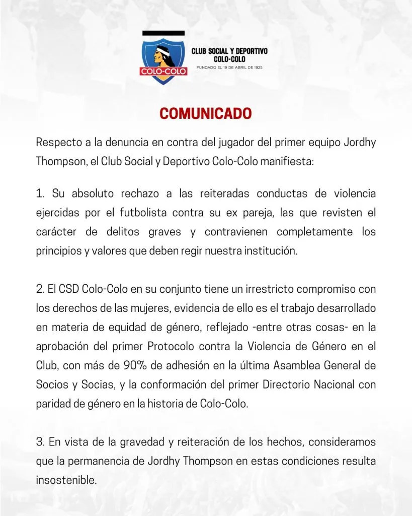 Comunicado del CSD Colo Colo por caso Jordhy Thompson.