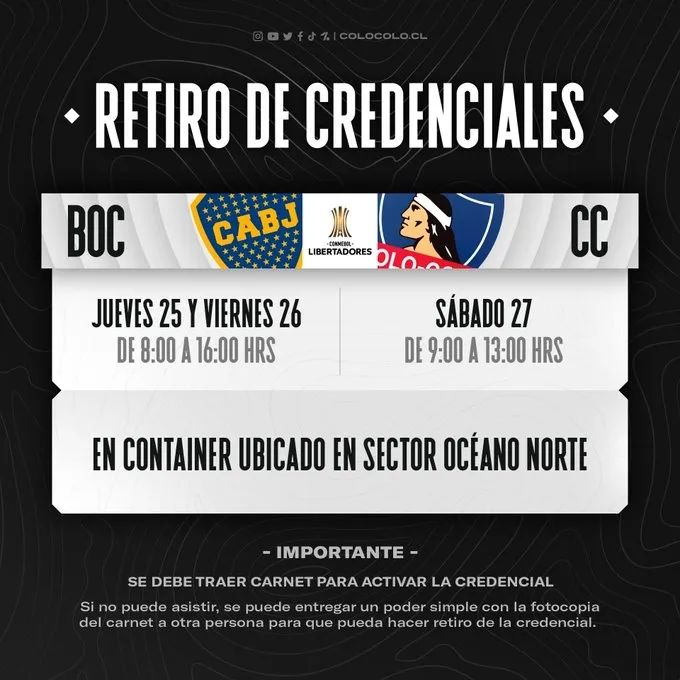 Información del retiro de credenciales para el partido entre Colo Colo y Boca Juniors. | Imagen: Colo Colo.