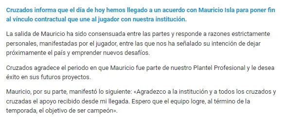 Comunicado de prensa de Cruzados sobre la salida de Mauricio Isla