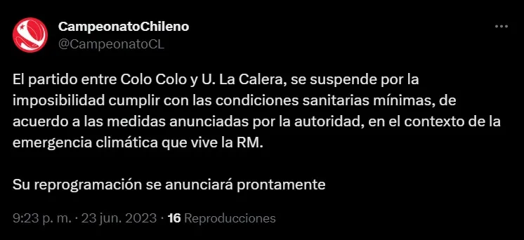 Partido de Colo Colo es suspendido por la ANFP | Foto: Twitter