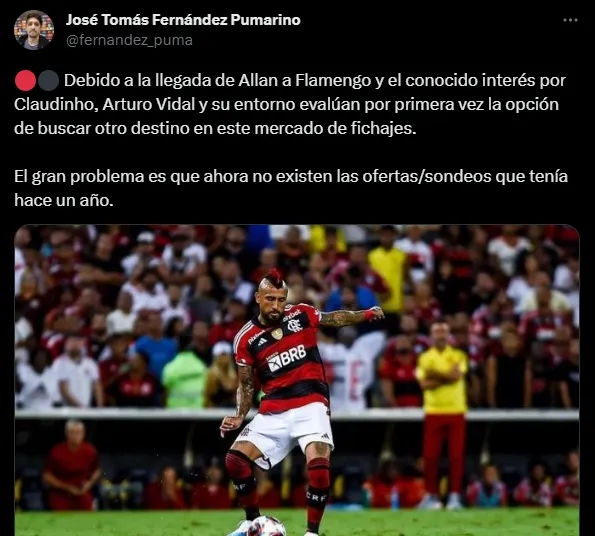 José Tomás Fernández asegura que Arturo Vidal evalúa salir de Flamengo.