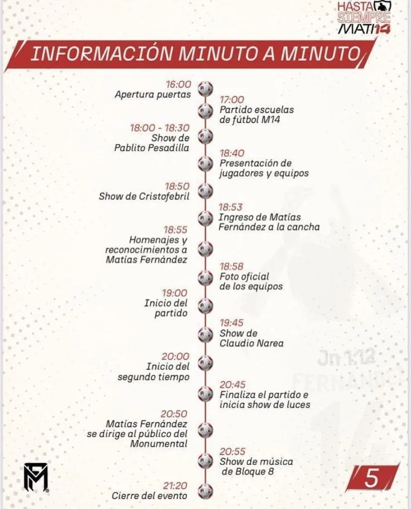 Programación de la despedida de Matías Fernández.