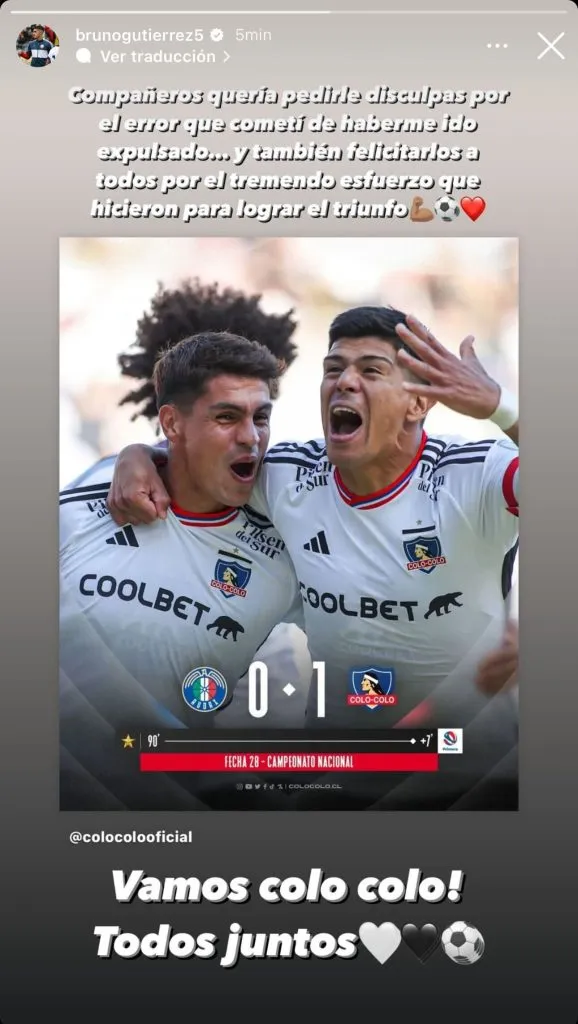 Las disculpas de Bruno en sus redes sociales | Imagen: Instagram Bruno Gutiérrez.