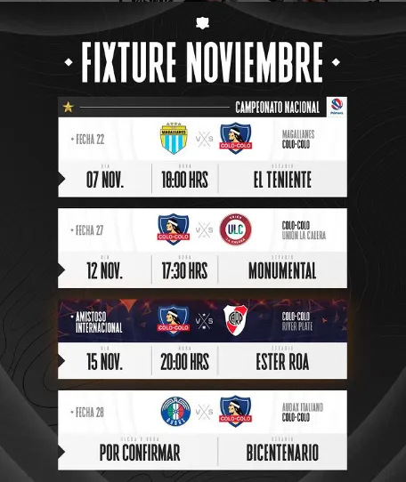 El fixture de Colo Colo en el mes de noviembre.