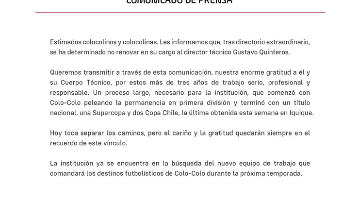 Colo Colo oficializó la salida de Gustavo Quinteros.