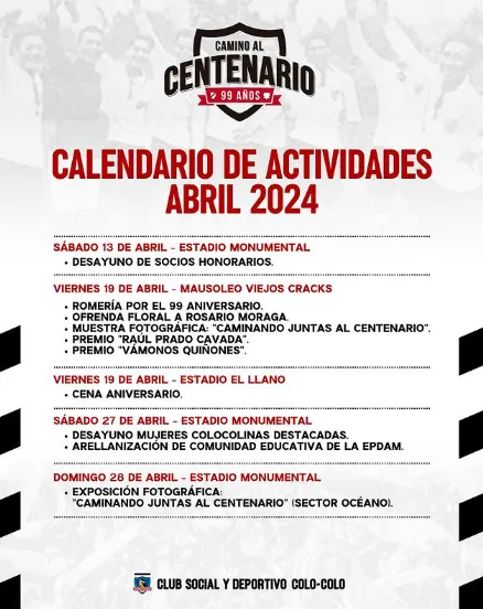 Calendario de actividades aniversario Colo Colo.