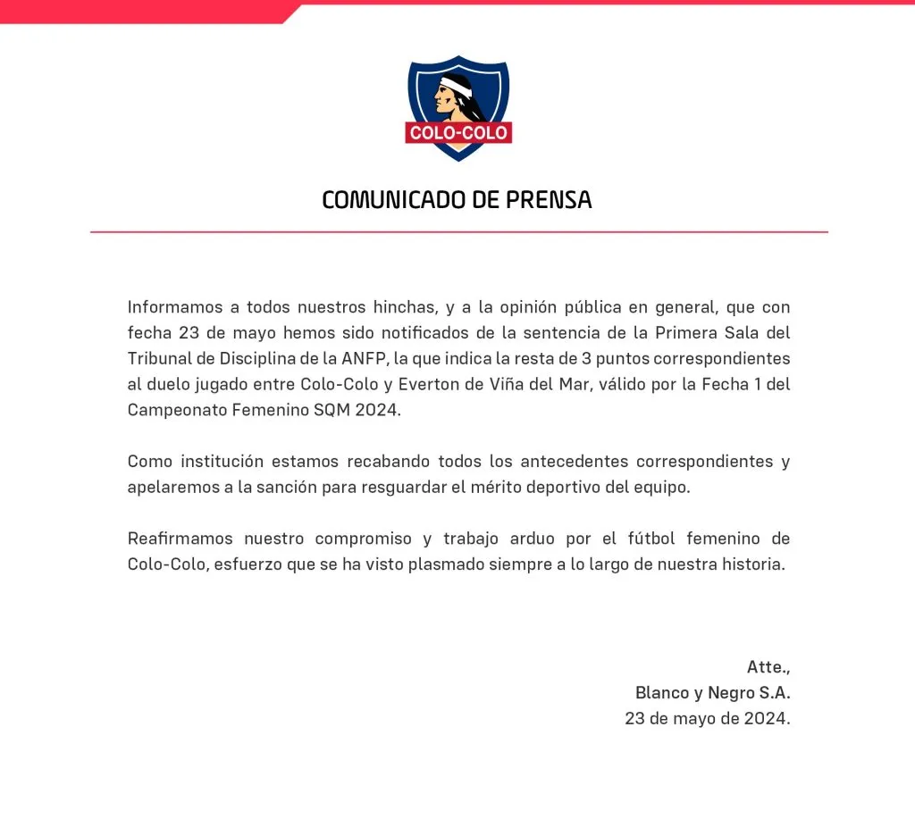 El comunicado de Colo Colo femenino. (Foto: @ColoColoFem)