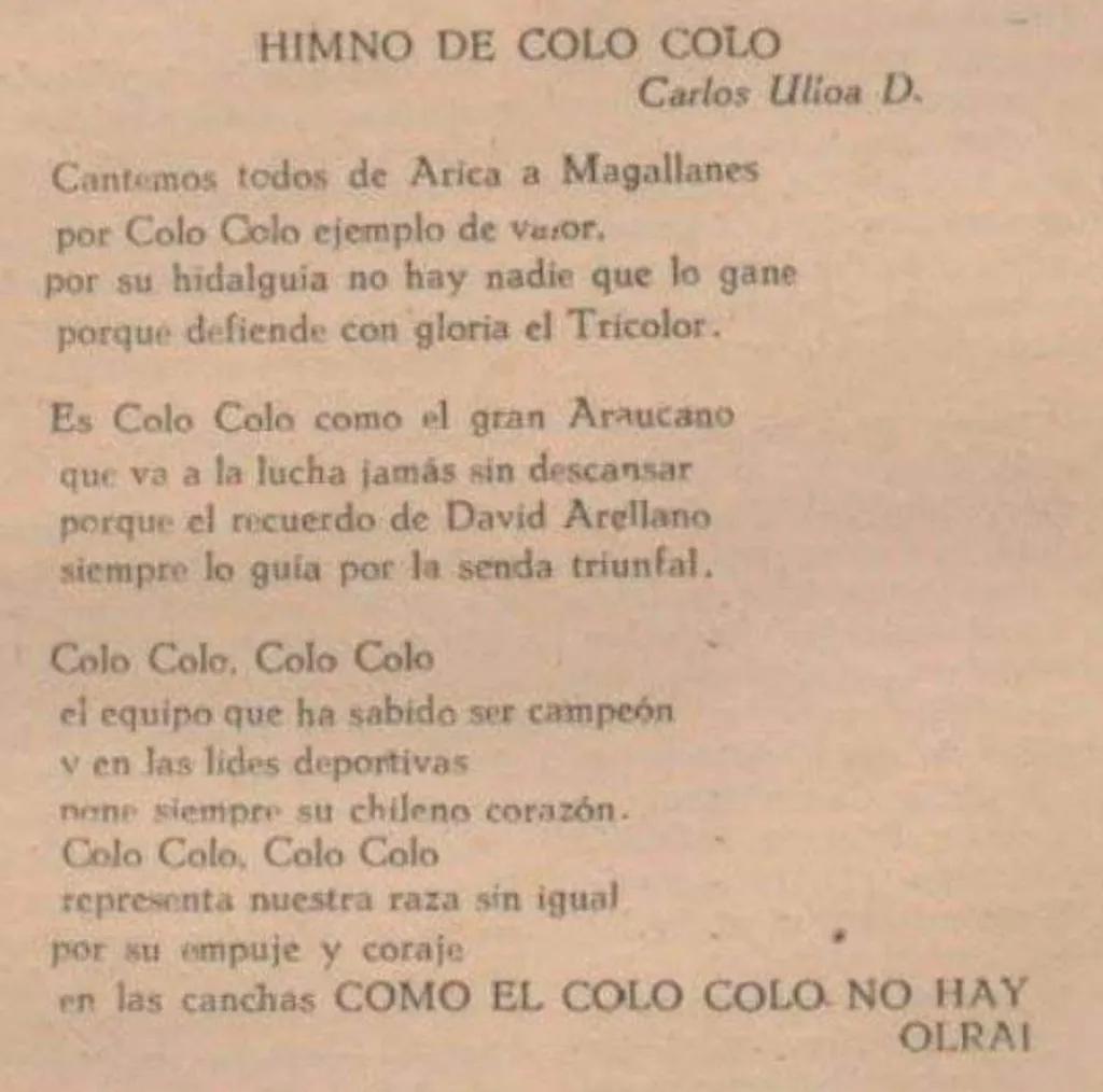 Boletín del CSD Colo Colo en 1951 con el himno del Cacique