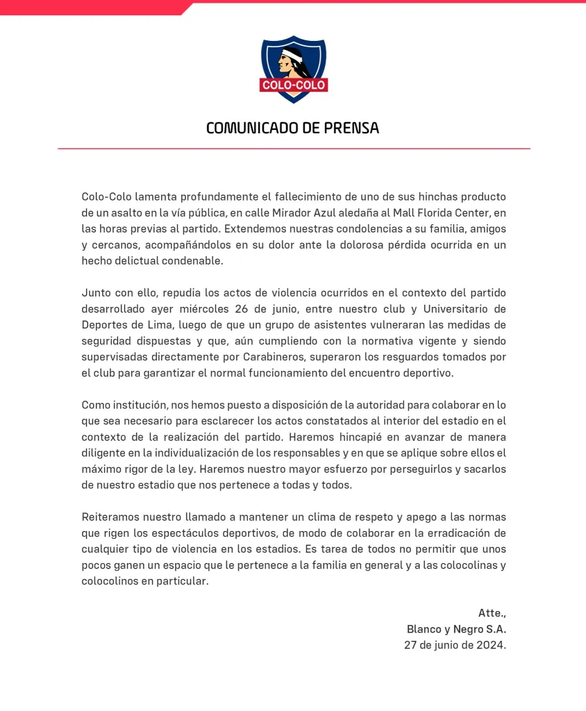 Comunicado de Colo Colo tras hechos de violencia en amistoso vs Universitario.