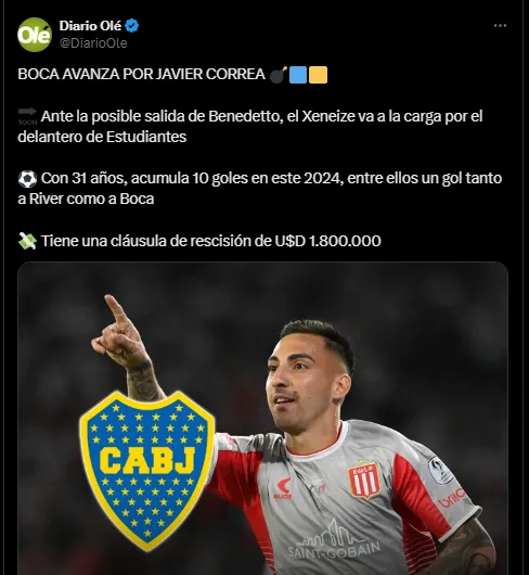 Olé afirma que Boca Juniors va por Javier Correa, refuerzo que quiere Colo Colo.