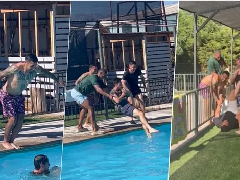 Jugadores de Colo Colo gozan de sus vacaciones haciéndose bromas en la piscina