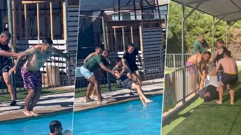 Jugadores de Colo Colo gozan de sus vacaciones haciéndose bromas en la piscina.