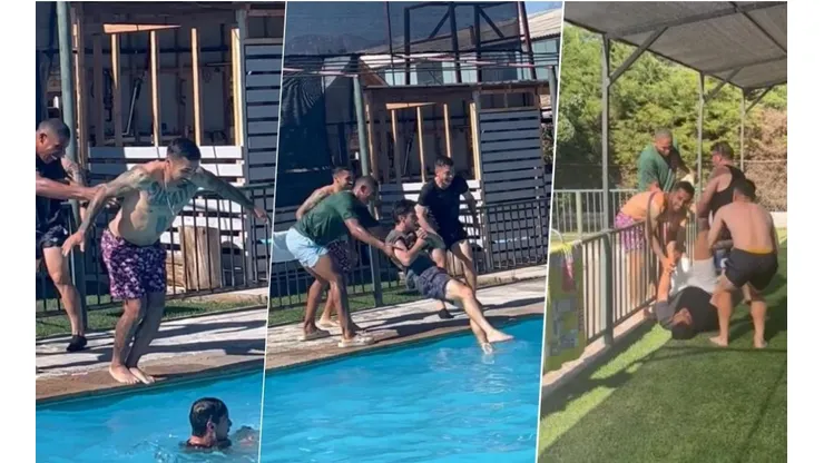Jugadores de Colo Colo gozan de sus vacaciones haciéndose bromas en la piscina.