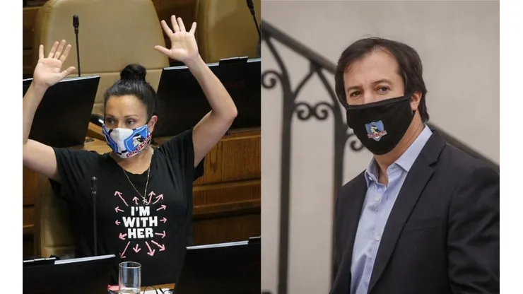 Marisela Santibáñez y Lucas Palacios con mascarillas de Colo Colo
