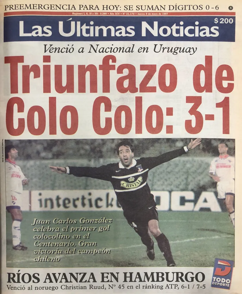 La portada de Las Últimas Noticias tras el triunfo en el partido de ida entre Colo Colo y Nacional. La vuelta se jugó en el Monumental.