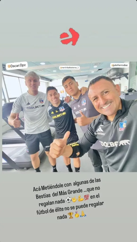 Martín Ballesteros se entrena junto a Óscar Opazo y Julio Fierro. Imagen: Instagram Jorge Martínez