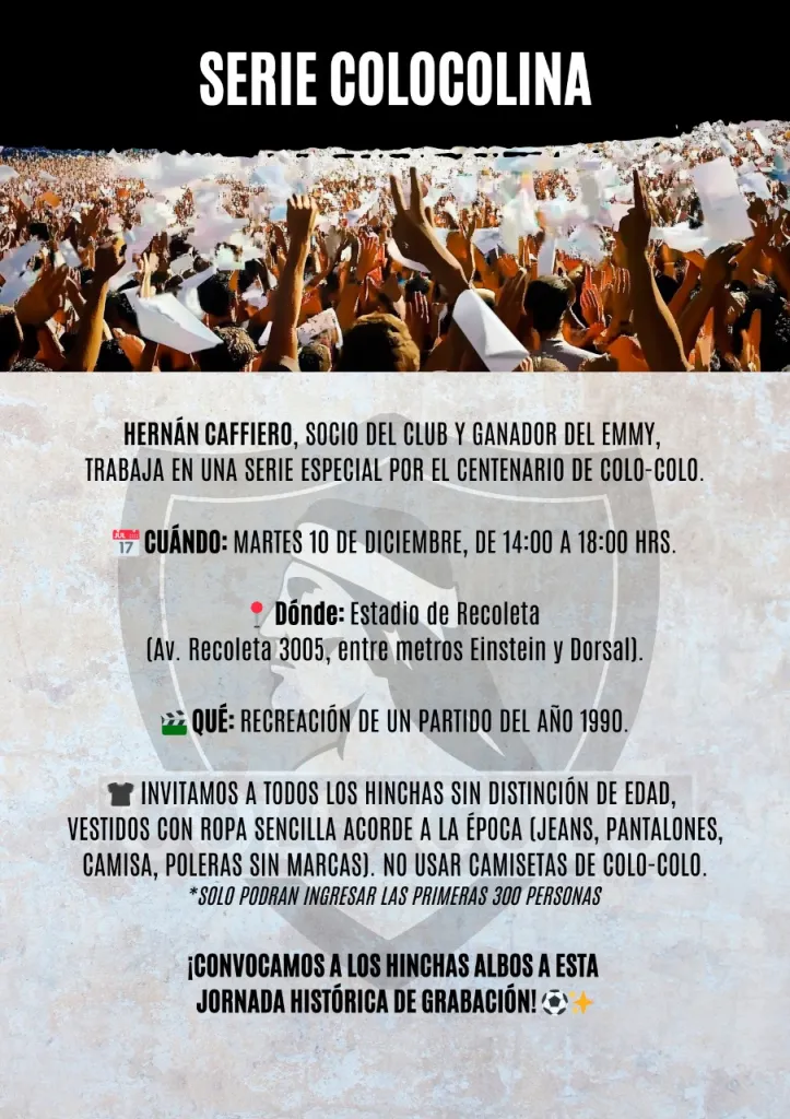 Hinchas de Colo Colo podrán estar en una serie por los 100 años del club.