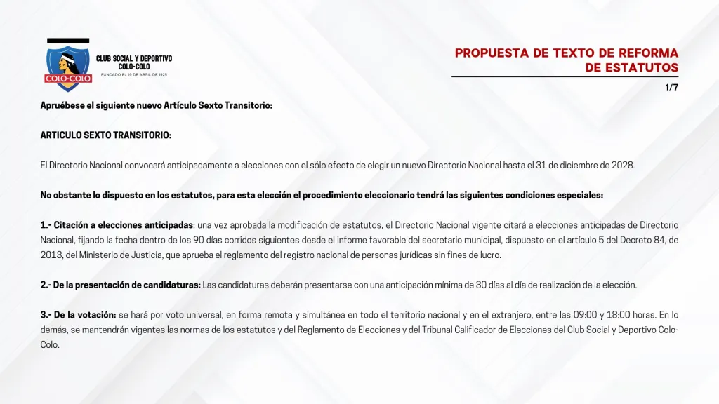 Artículo sexto transitorio que adelanta elecciones en el CSD Colo Colo.