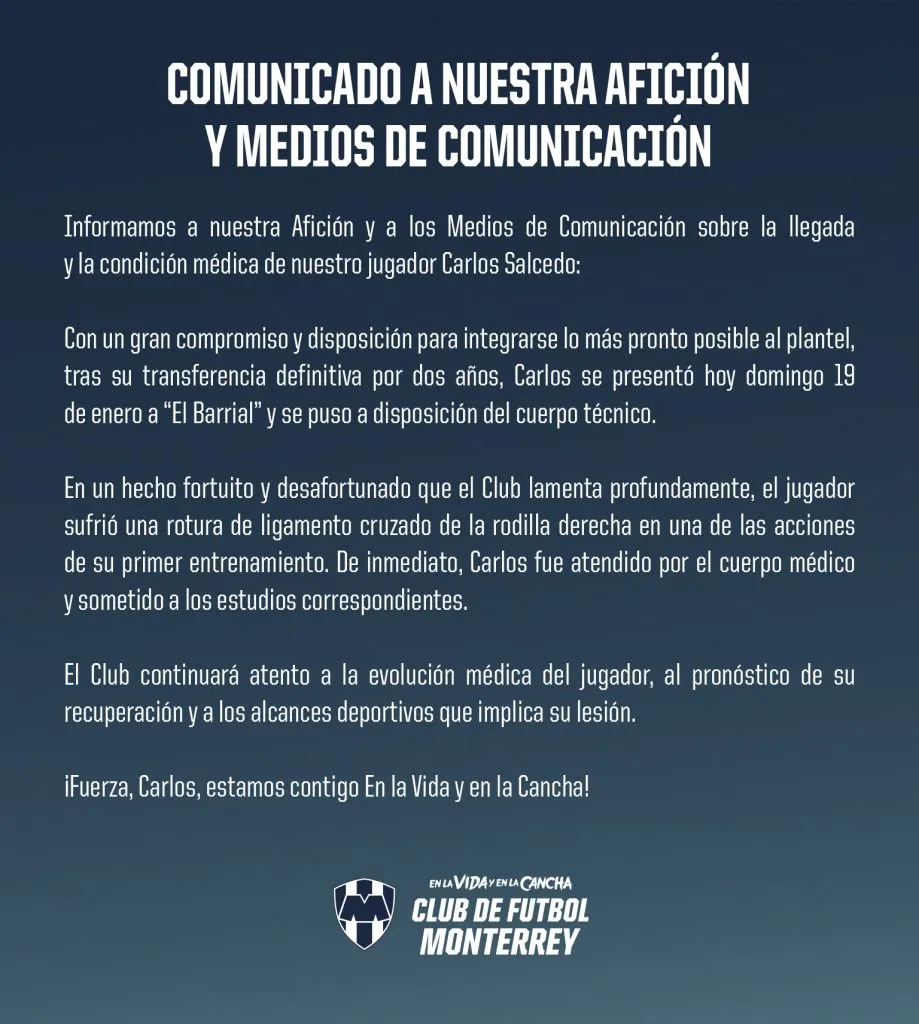 Comunicado de Monterrey por lesión de Carlos Salcedo. (Foto: @Rayados)