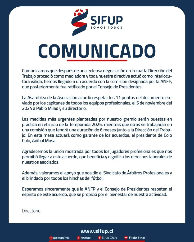 Comunicado del Sifup. (Foto: @sifup)