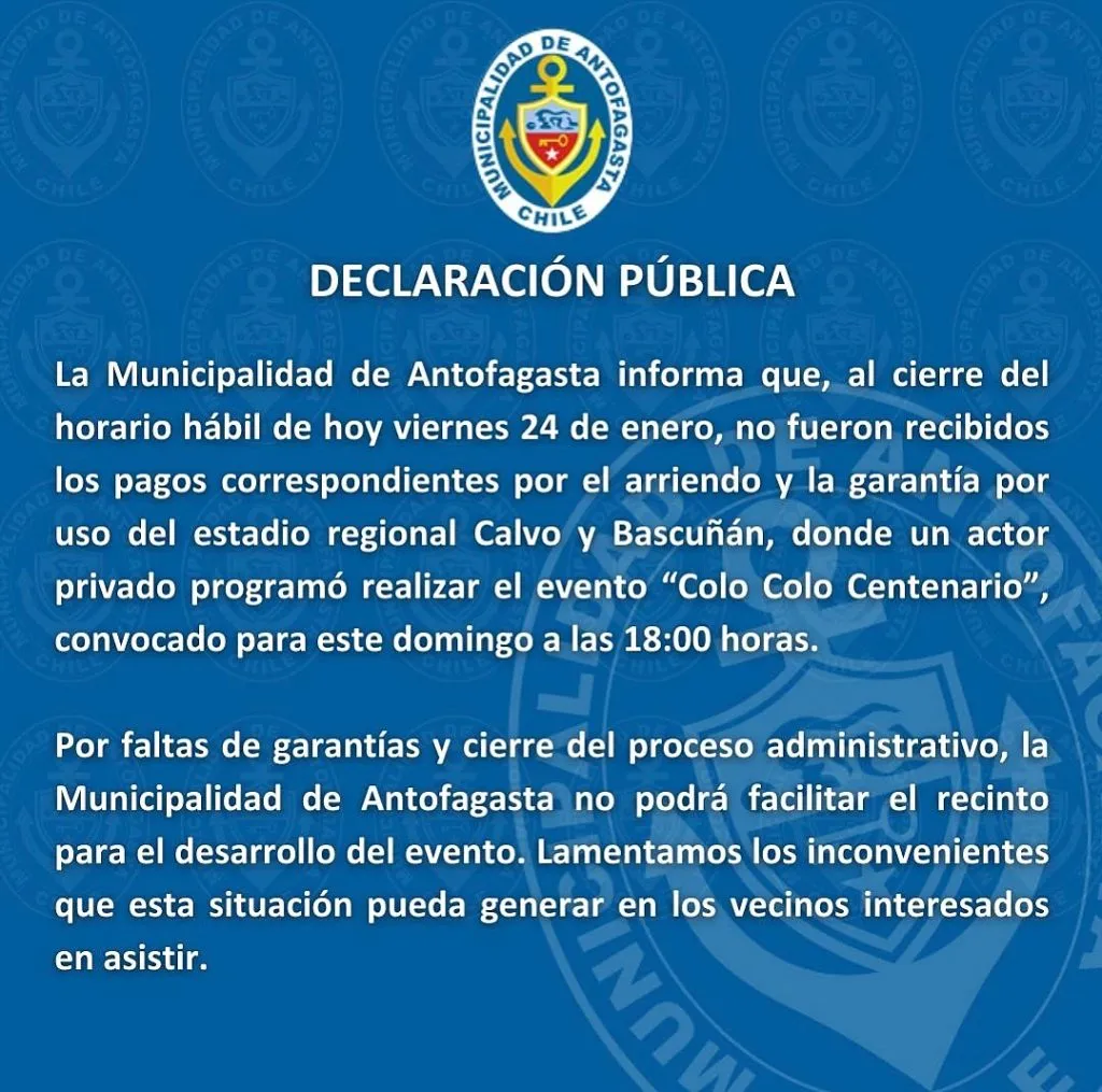 Comunicado de la Municipalidad de Antofagasta. (Foto: antofagastamuni)