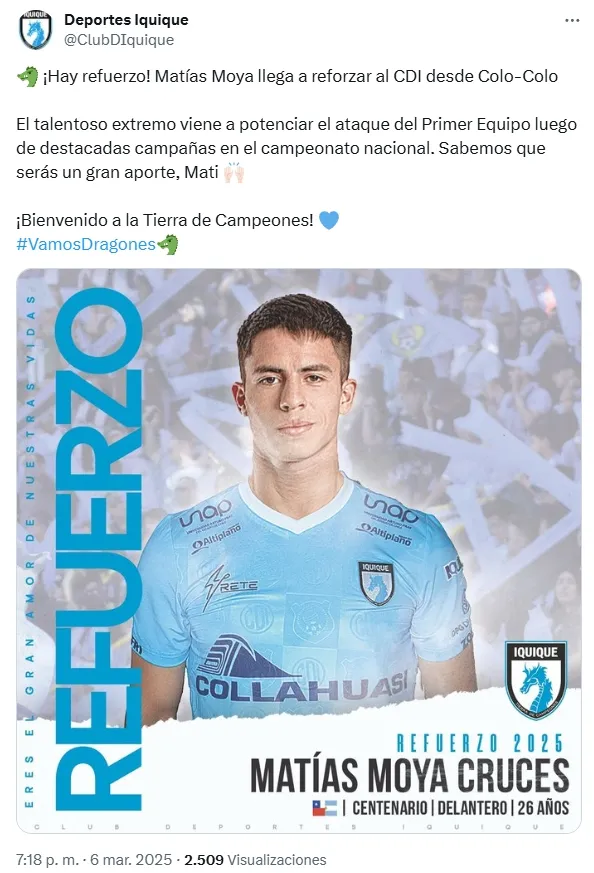 Oficialización de Matías Moya como refuerzo de Deportes Iquique. (Foto: captura)