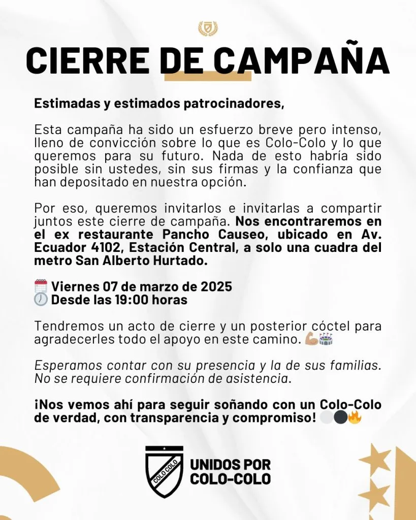 Información cierre de campaña Unidos por Colo Colo.