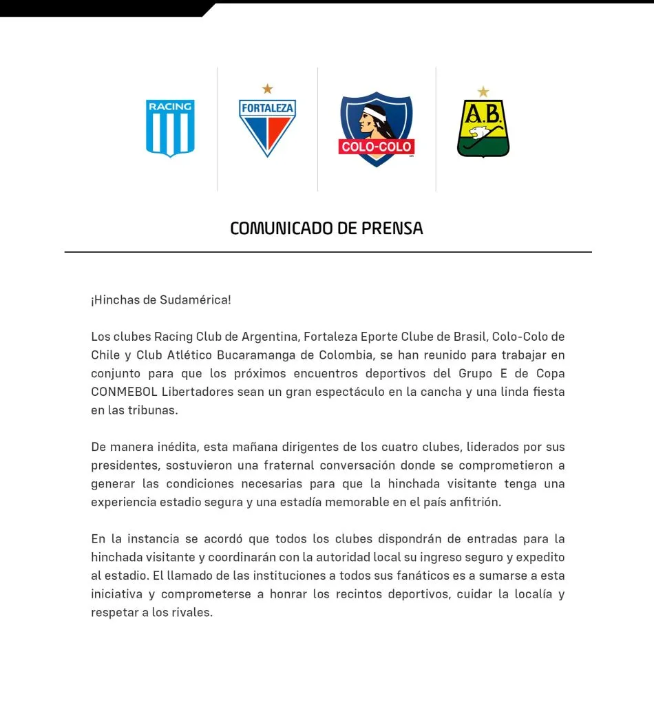 Comunicado de prensa de Colo Colo, Racing, Fortaleza y Atlético Bucaramanga.