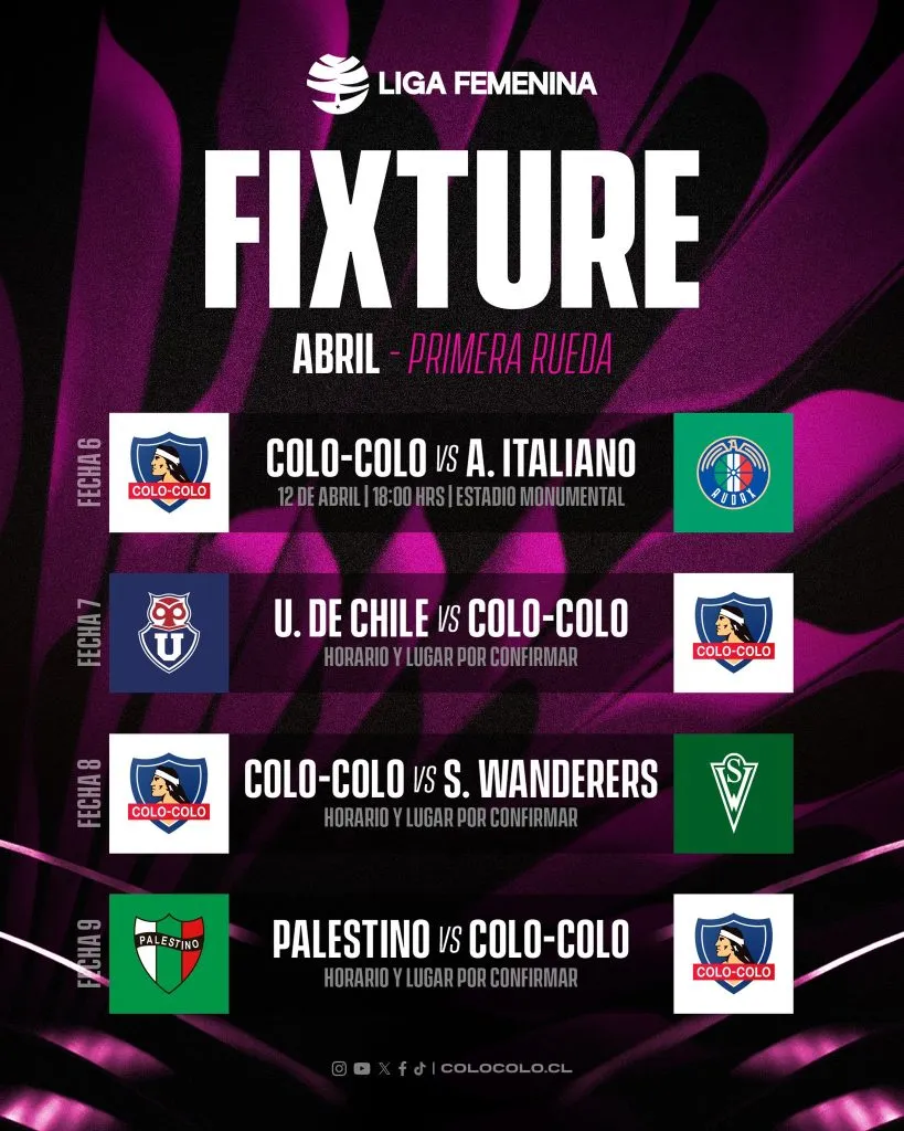 Fixture de Colo Colo femenino. (Foto: @ColoColoFem)