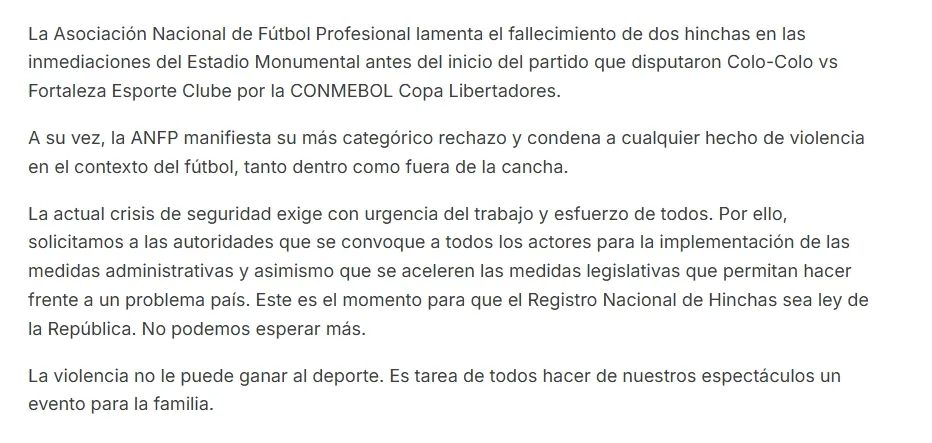 Comunicado de la ANFP.