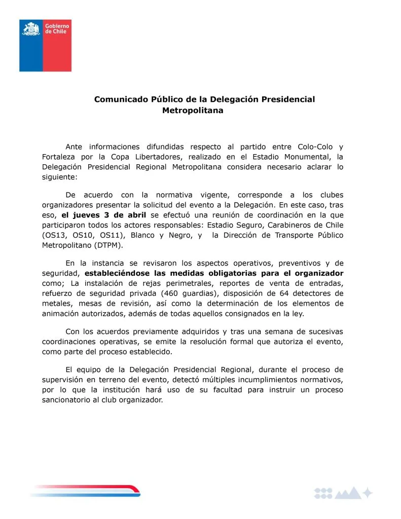 Comunicado de prensa de la Relegación Presidencial de la Región Metropolitana. (Foto: @DPR_RM)