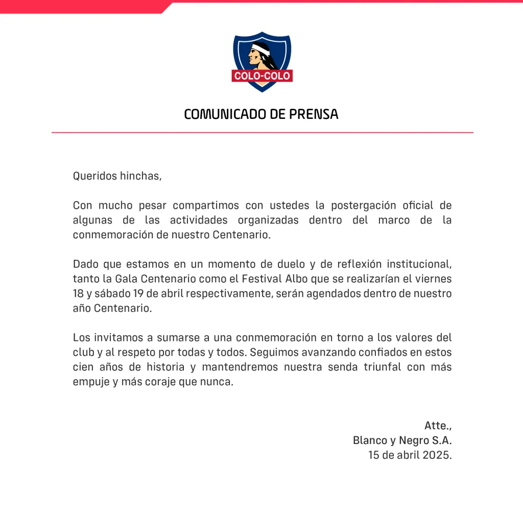Comunicado de prensa. (Foto: @ColoColo)