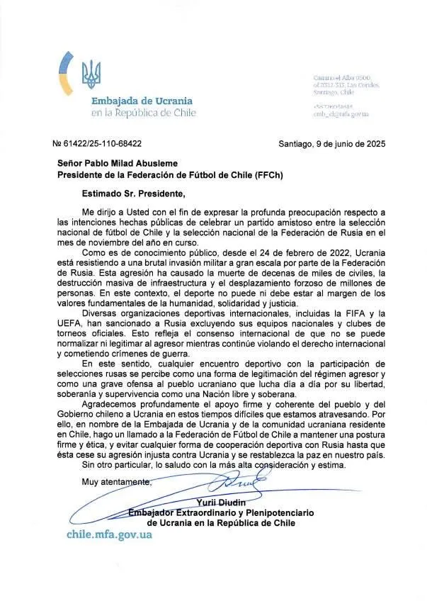 Carta de la Embajada de Ucrania. (Foto: @UKRinCL)