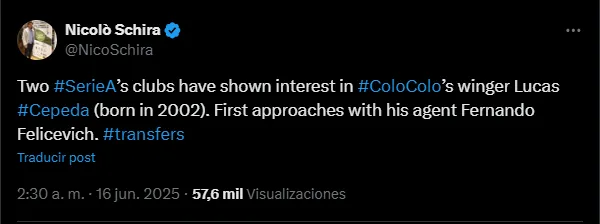 Experto en el mercado italiano pone a Lucas Cepeda en el radar de la Serie A.