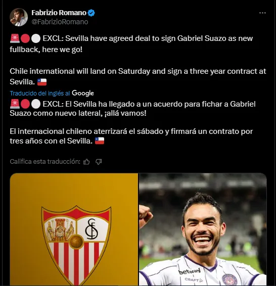 Fabrizio Romano confirma fichaje de Gabriel Suazo en Sevilla.