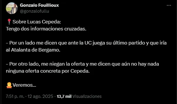 Fouilloux confirma que Atalanta viene por Lucas Cepeda.