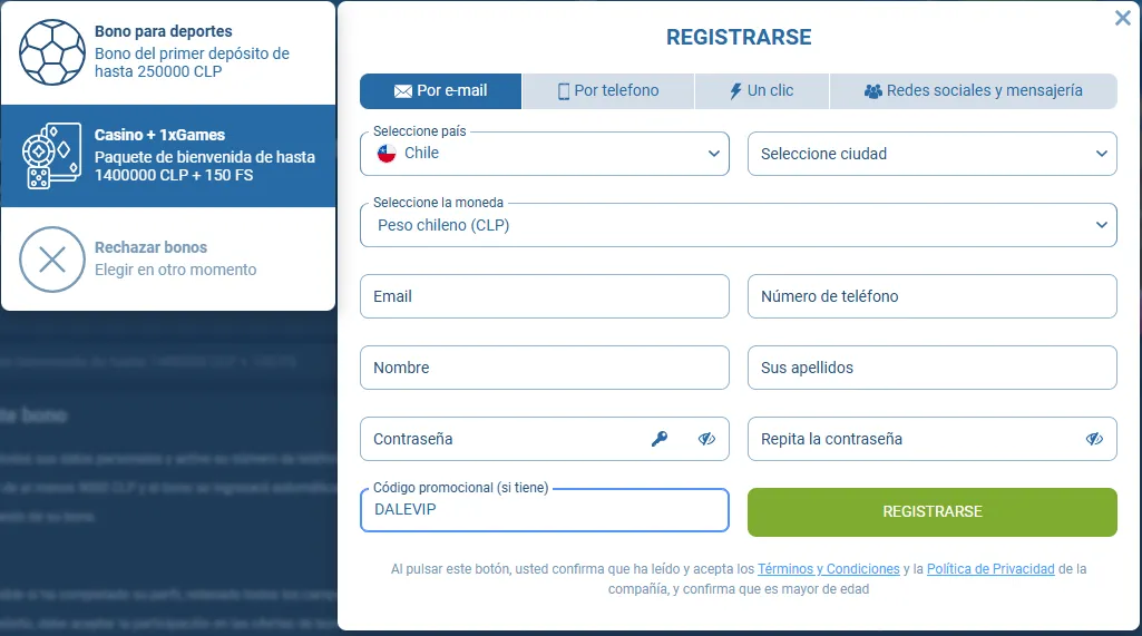 Ingresa el código promocional 1xbet DALEVIP en el sitio web