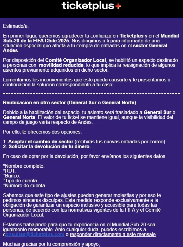 El comunicado por las entradas del Mundia Sub 20.