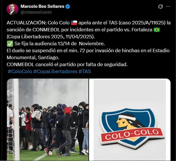 Confirman fecha para audiencia de Colo Colo en el TAS.