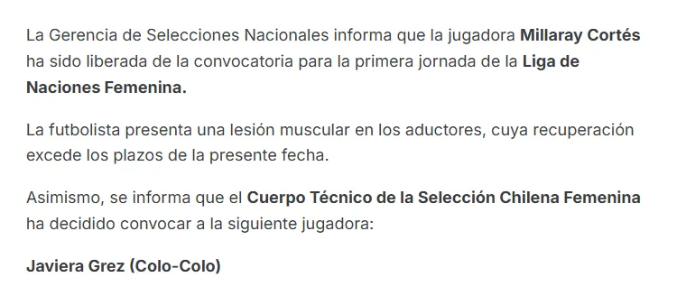 El parte médico de la Selección Chilena Femenina y la convocatoria de Javiera Grez. Foto: ANFP.