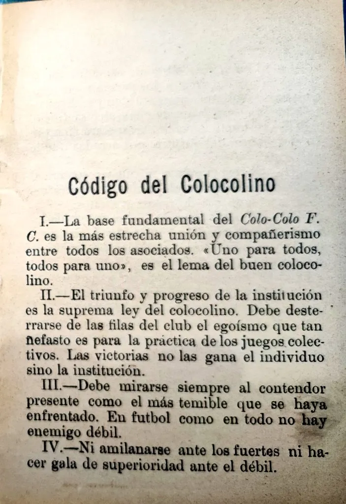 El Código del buen Colocolino. | Imagen: Historia de Colo Colo.