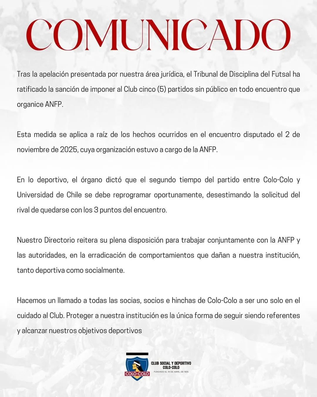 Comunicado: CSD Colo Colo