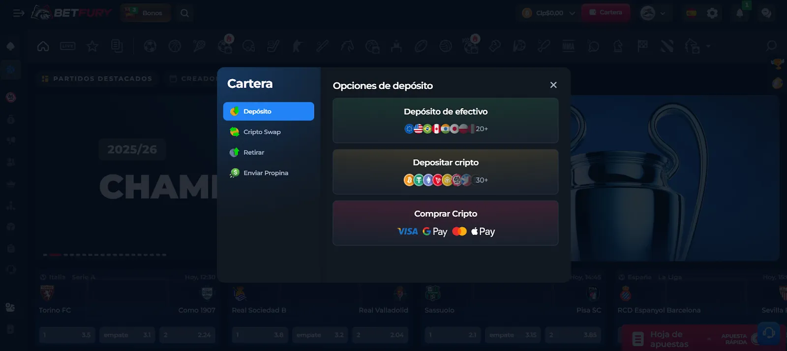 Bono de bienvenida BetFury métodos de pago