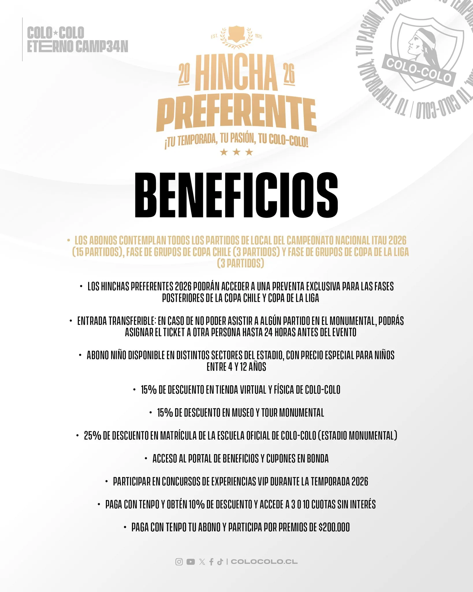 Beneficios para los abonos del 2026. (Foto: @ColoColo)