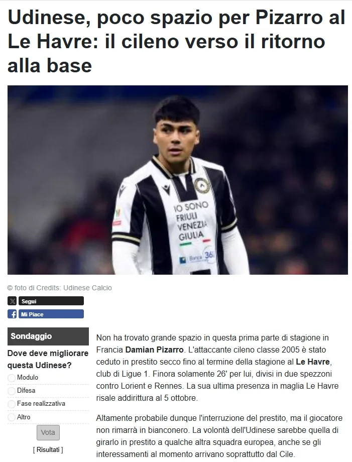 La prensa de Udinese hablando de Damián Pizarro.