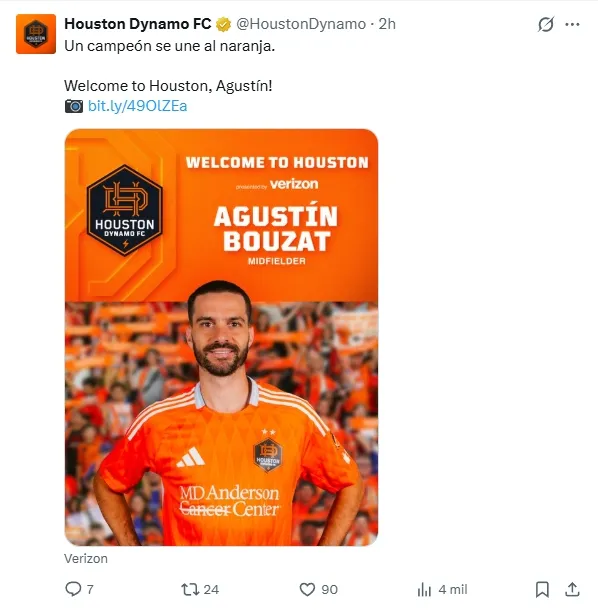 Agustín Bouzat confirmado en el Houston Dynamo.
