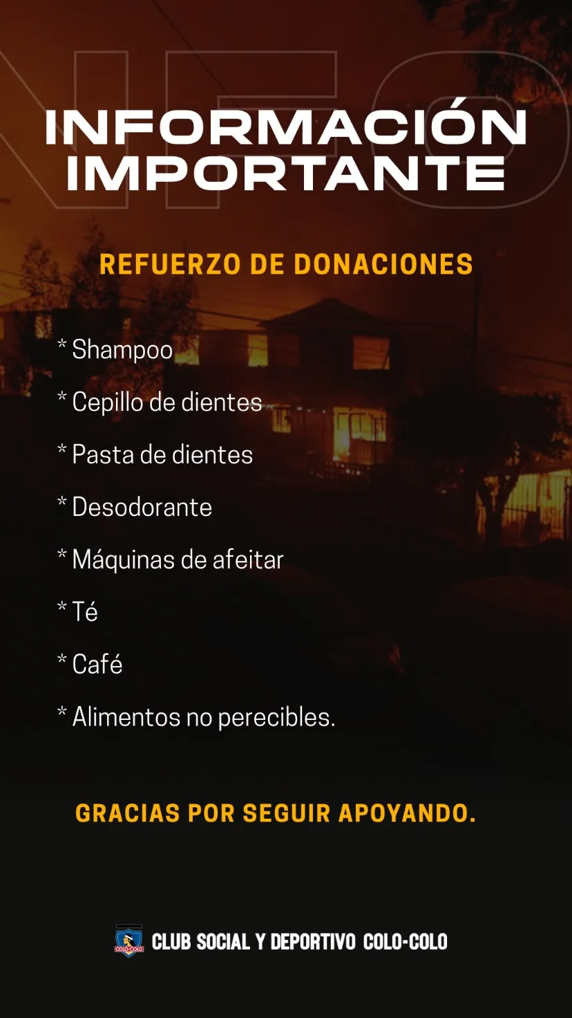Donaciones para las personas afectadas por incendios forestales. (Foto: csydcolocolo)