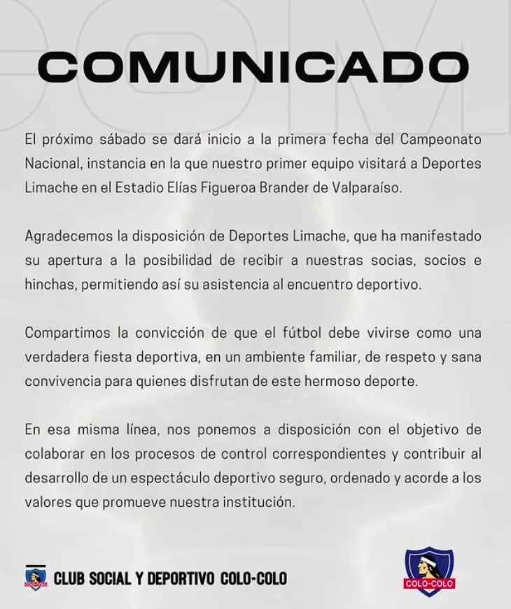 Comunicado del CSD Colo Colo.