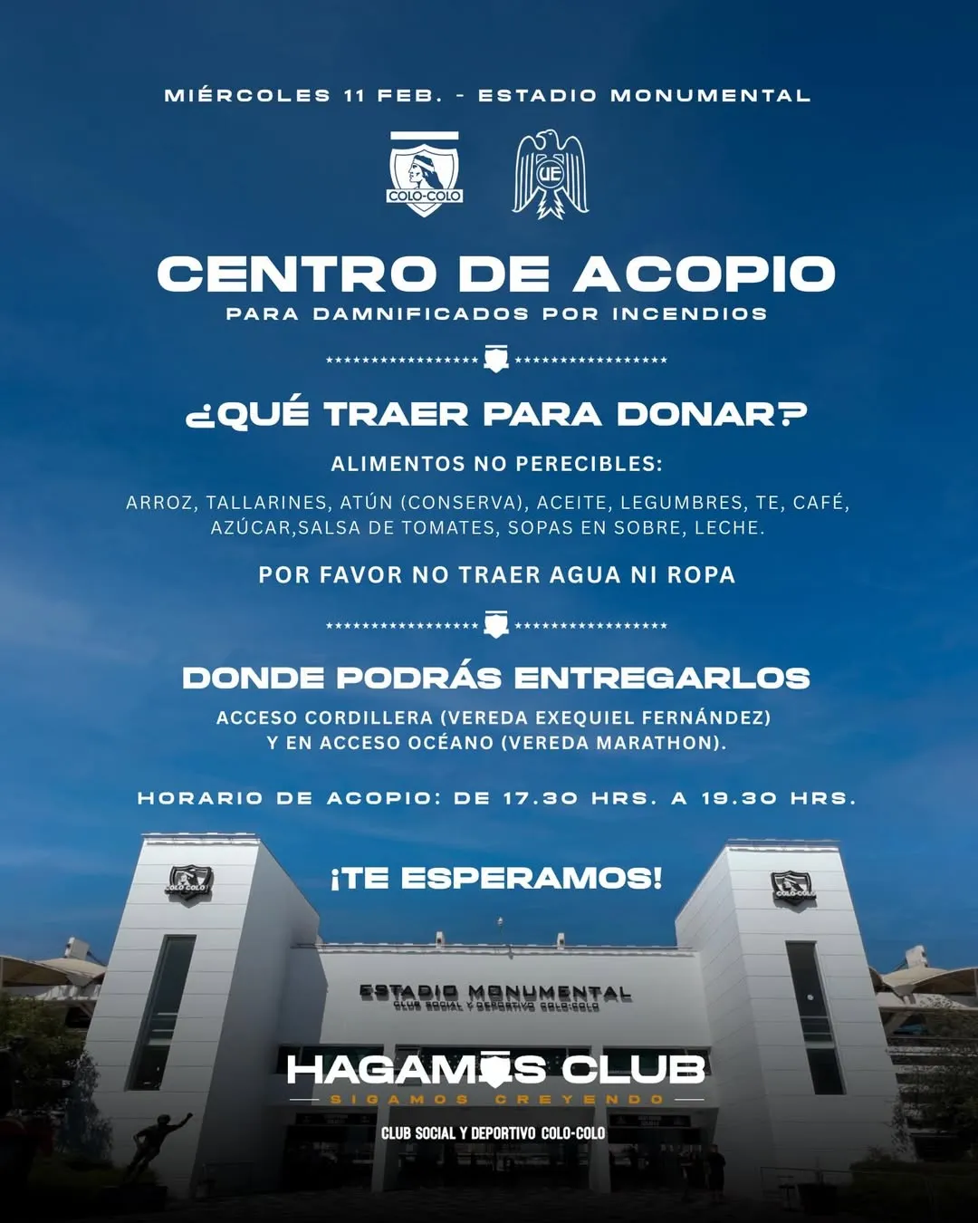 El Estadio Monumental será centro de acopio en la Noche Alba Solidaria. (Foto: csydcolocolo)