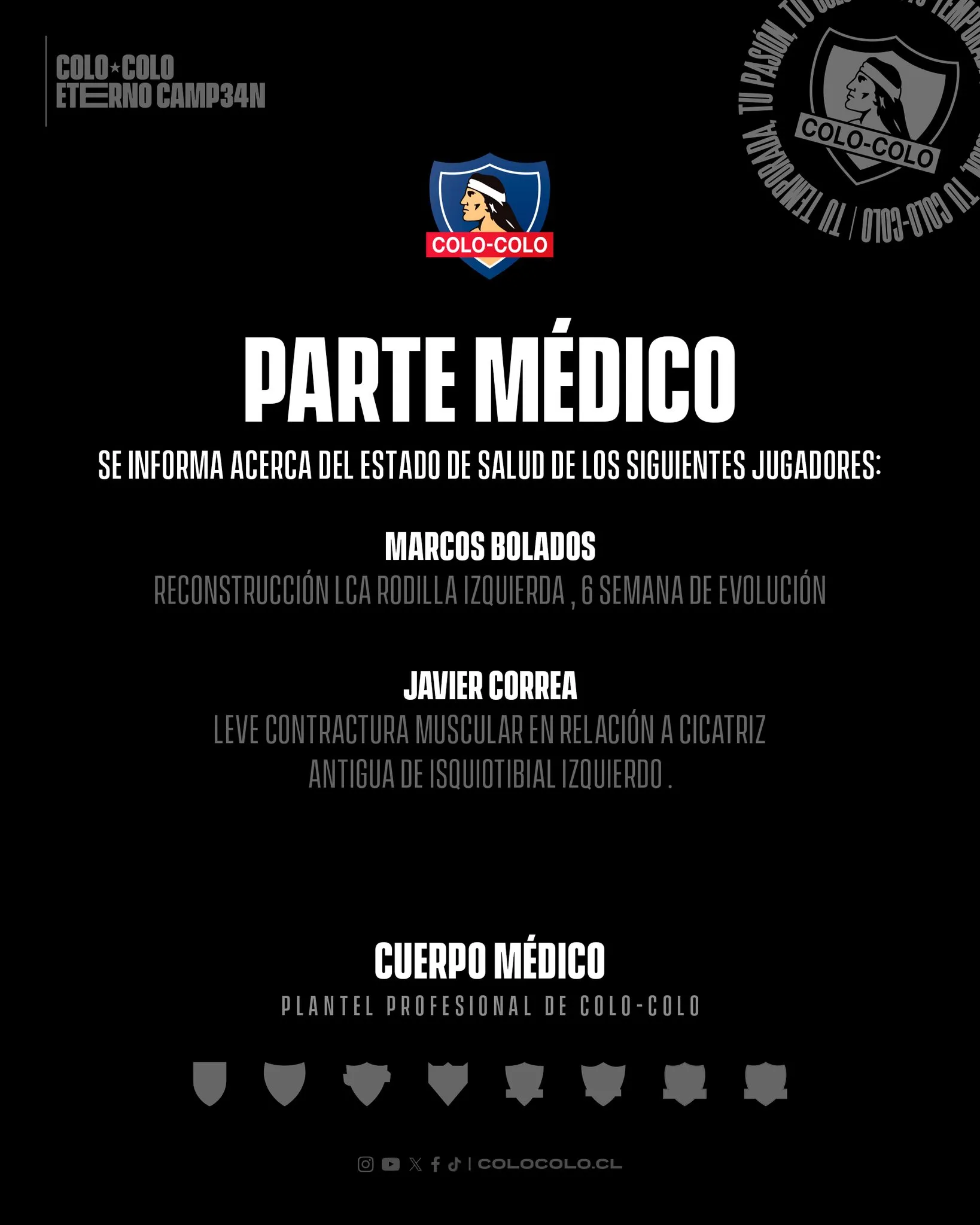 El nuevo parte médico de Colo Colo.Imagen: Colo Colo Oficial